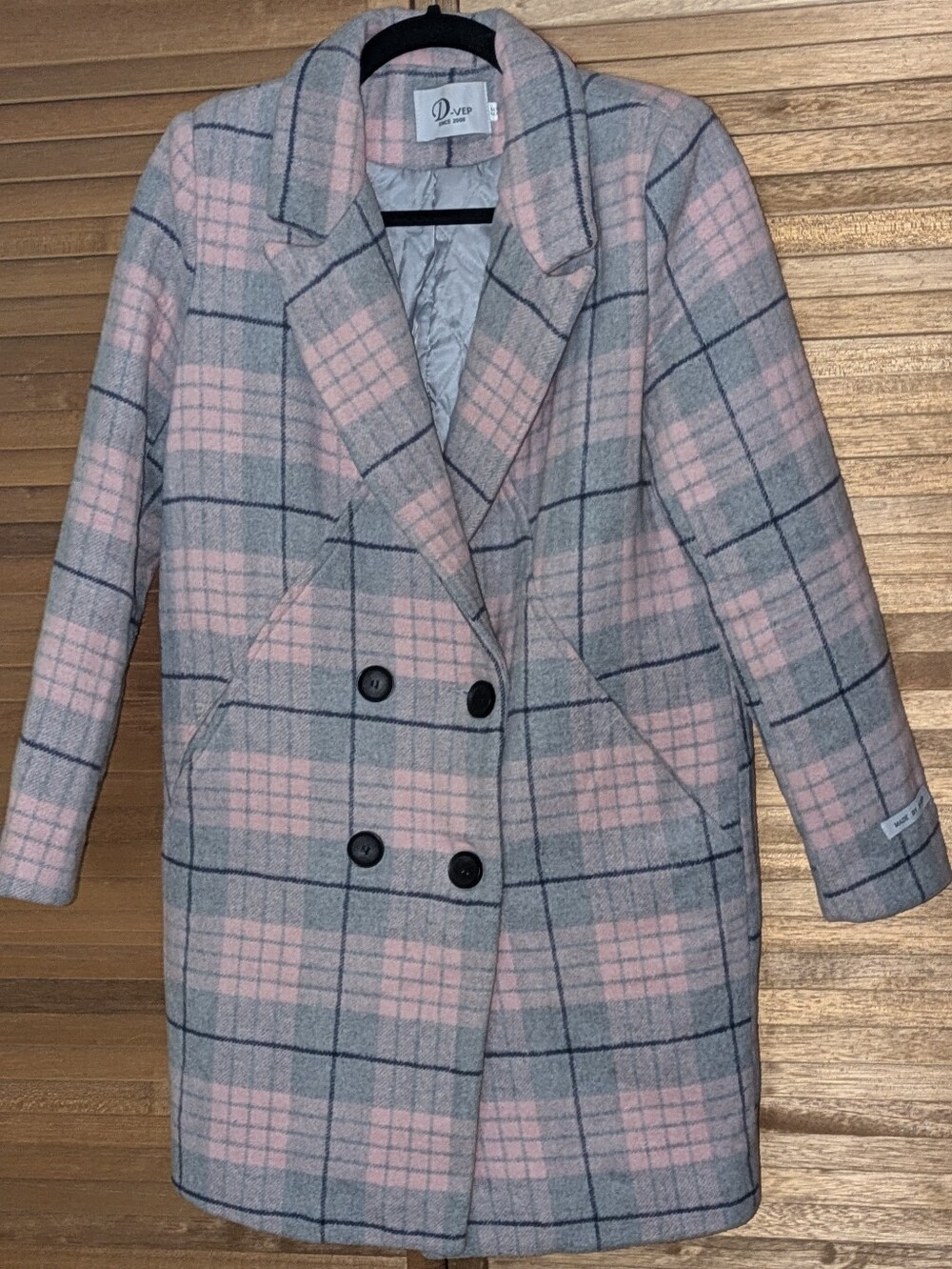 D-Vep Pink & Gray Plaid Double-Breasted Coat